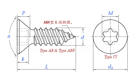 asme  18.6.3 (t2-vi t40) - 2013 梅花槽82°沉头 ab abr自攻螺钉